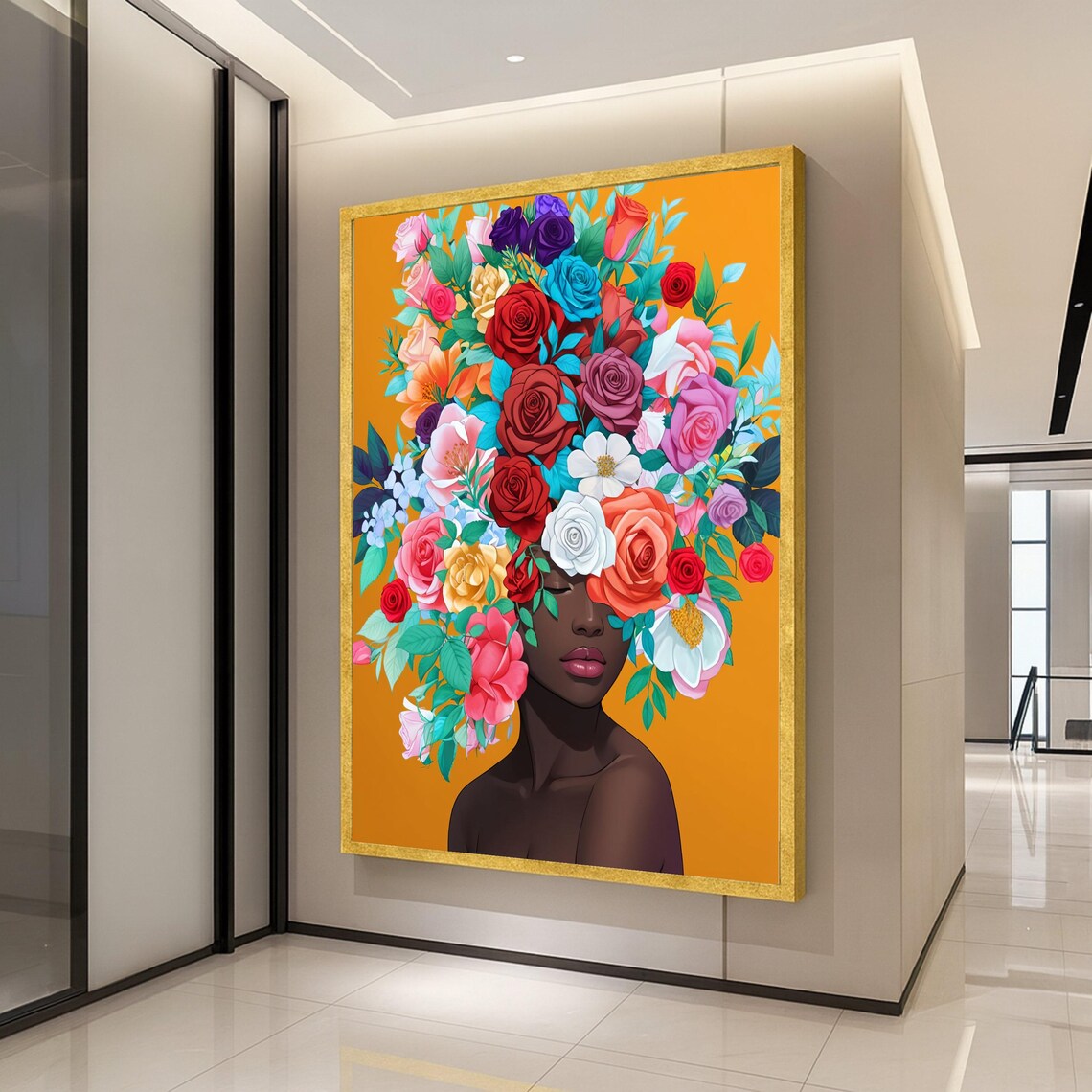 African Woman Floral Crown Roses Portrait Vibrant Orange Poster