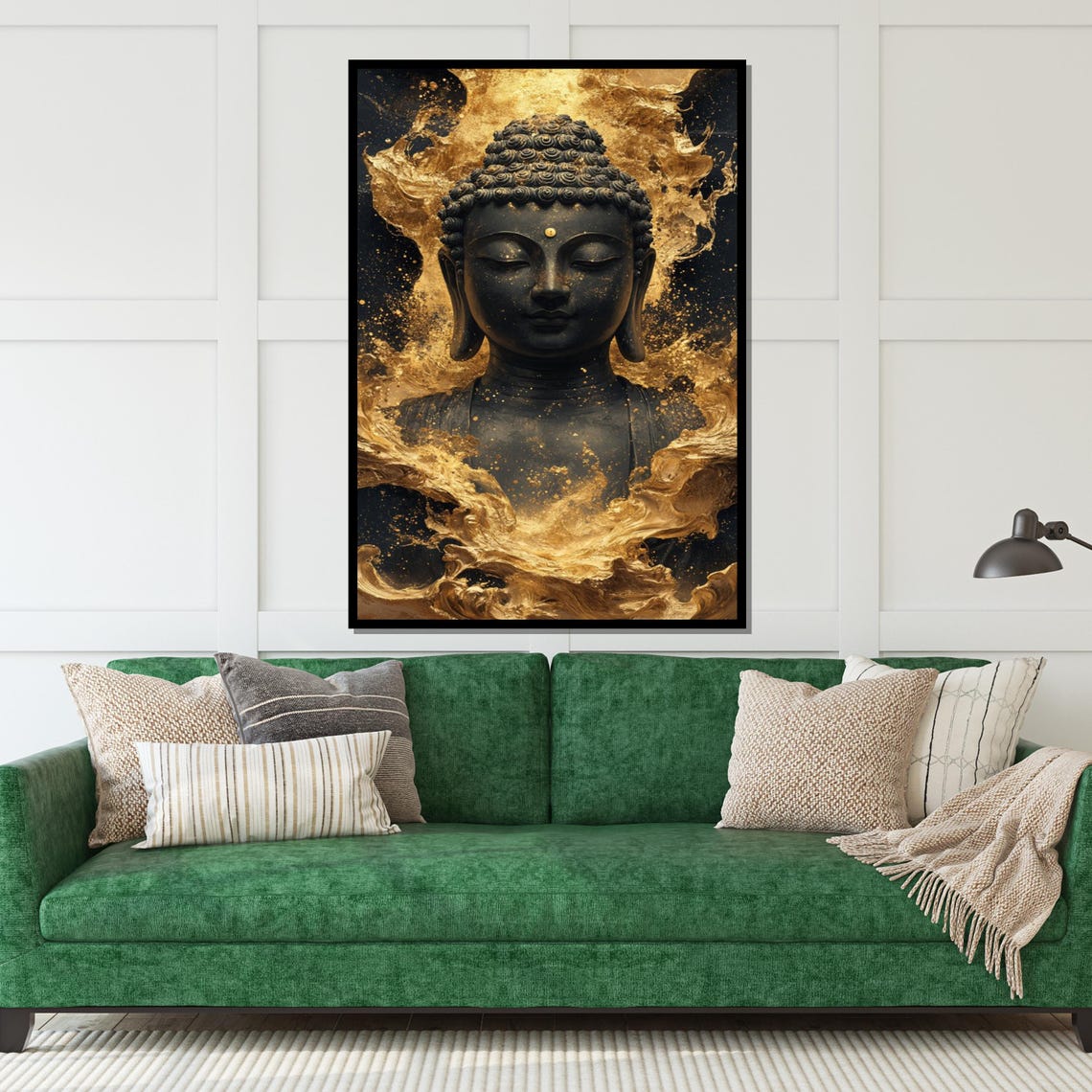 Black Buddha Portrait with Swirling Gold Leaf Modern Art Poster - Image 5