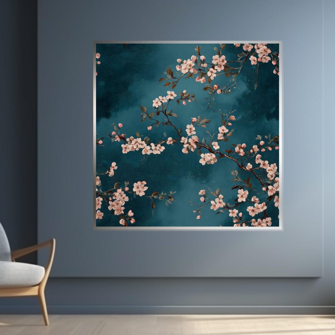 Cherry Blossoms Teal Background Square Floral Painting Poster - Image 4