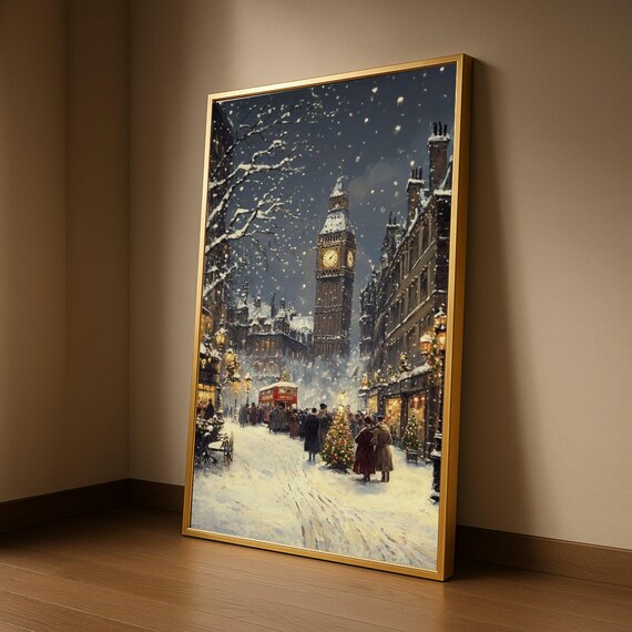 Vintage London Christmas Big Ben Snowfall Festive Street Poster