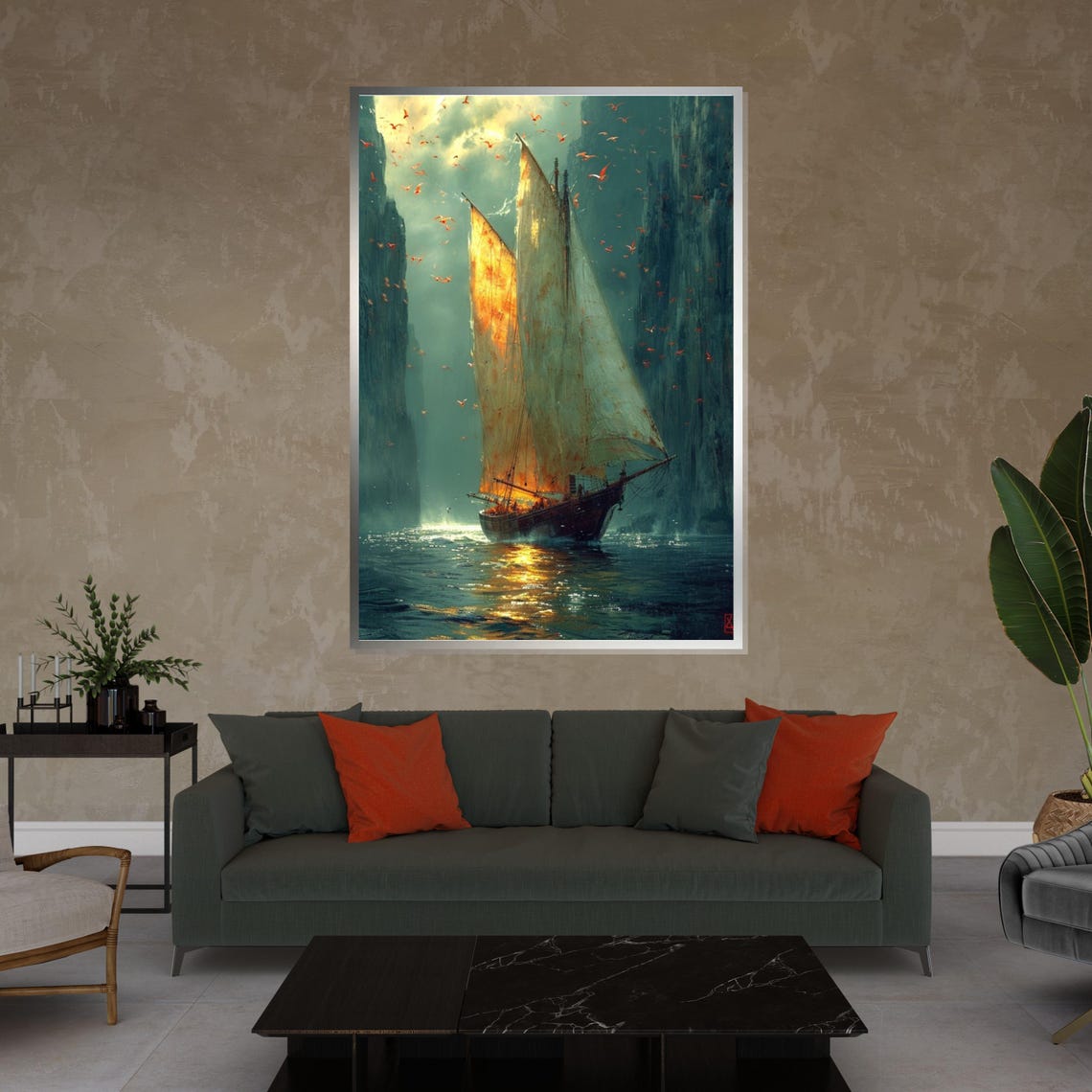 Golden Tall Ship Sailing Between Cliffs Fantasy Seascape Poster - Image 4