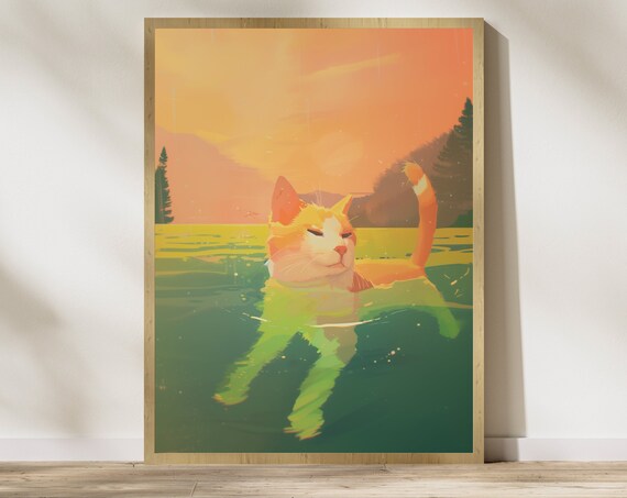 Ginger Cat Swimming In A Sunset Lake Whimsical Colorful Cat Art Poster