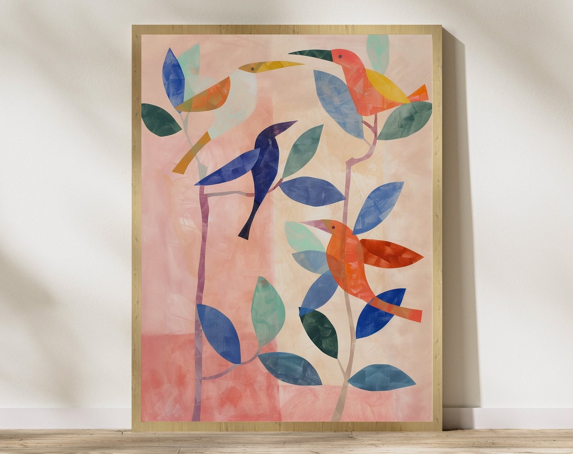 Colorful Geometric Birds on Branches Abstract Modern Botanical Poster