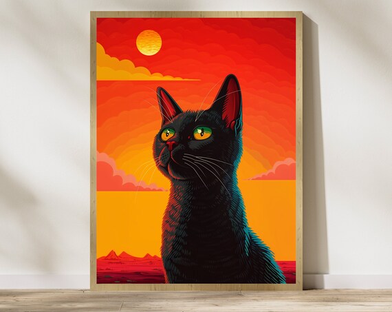 Bold Black Cat Fiery Sunset Pop Art Colorful Portrait Poster