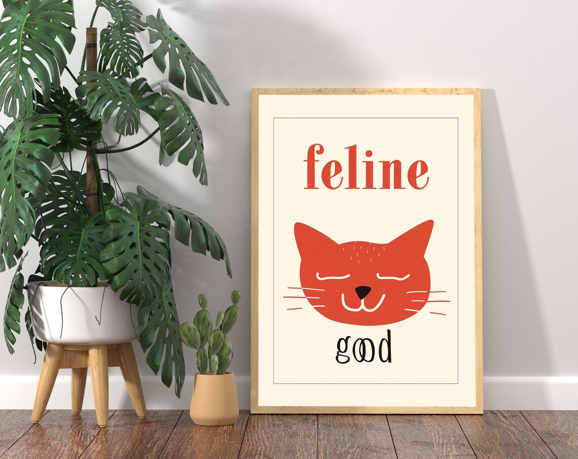 Feline Good Minimalist Orange Cat Face Cream Typographic Poster