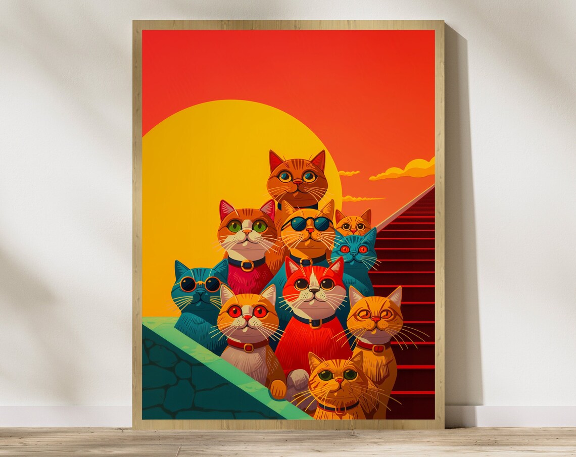Fun Group of Colorful Cats on Stairs Before a Giant Sunset Poster