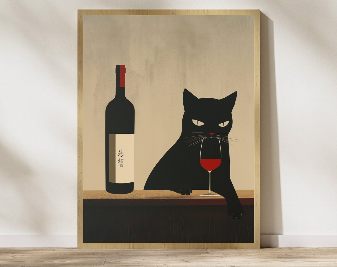 Black Cat Wine Poster, Drinking Art Print