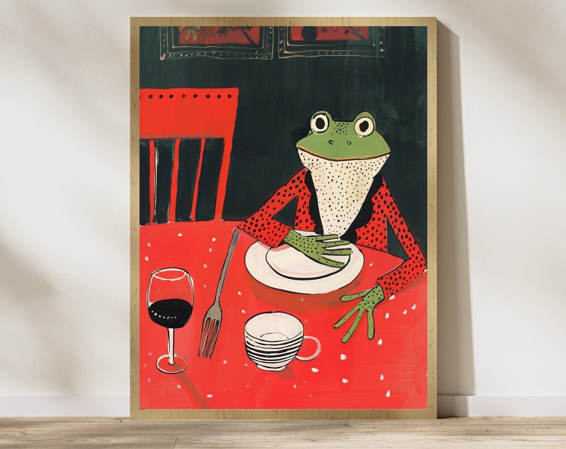 Frog at Dinner Whimsical Green Frog Red Table Folk Art Poster