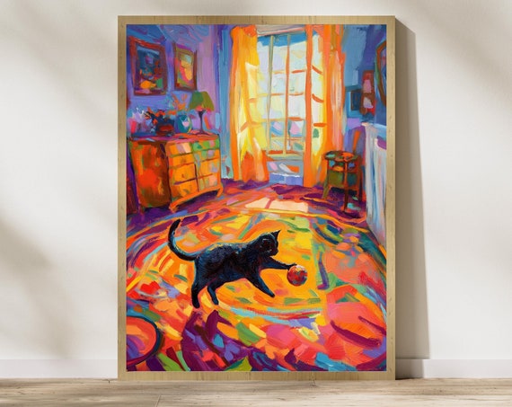 Whimsical Black Cat With Ball Abstract Art Print Colorful Painting Trendy Cute Apartment Decor Maximalist Black Cat Wall Art Cat Poster