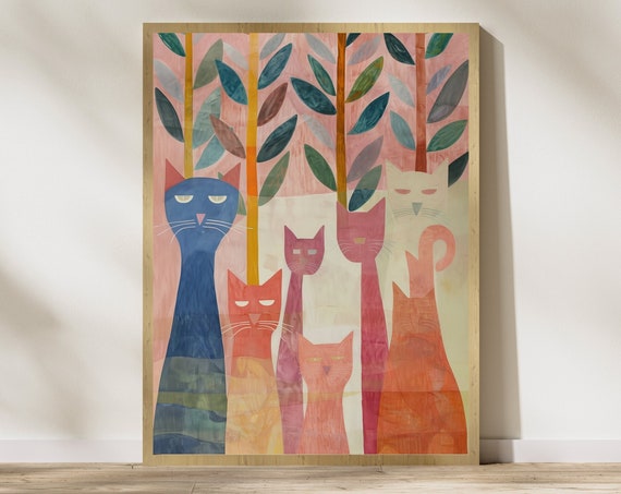 Colorful Cat Wall Art Oil Painting Trendy Cute Apartment Decor Cat Poster Colorful Cat Poster Illustration Art Preppy Room Decor