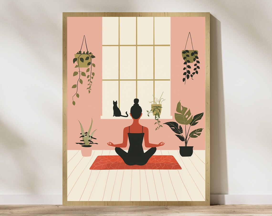Yoga Cat And Woman Print, Yoga Room Decor