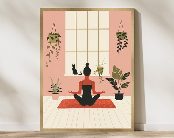 Yoga Cat And Woman Print, Yoga Room Decor