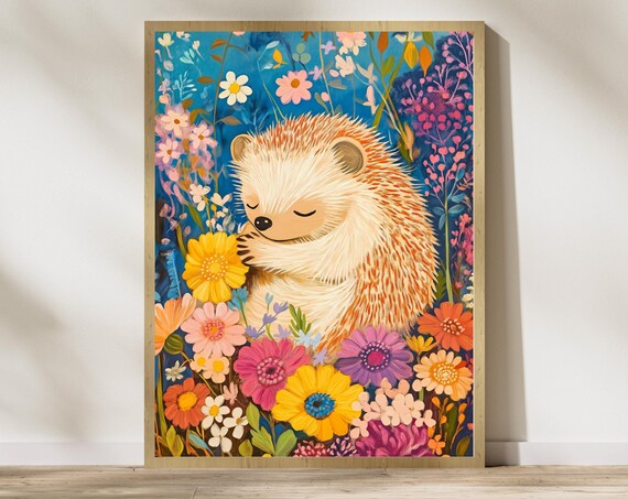 Sweet Sleeping Hedgehog In A Colorful Wildflower Meadow Poster