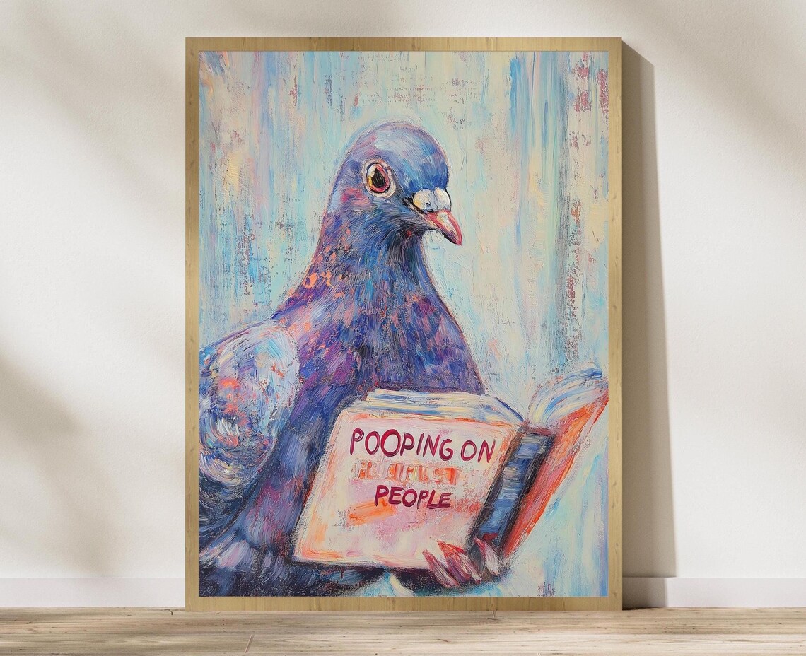 Funny Pigeon Reading Book Bathroom Poster Art