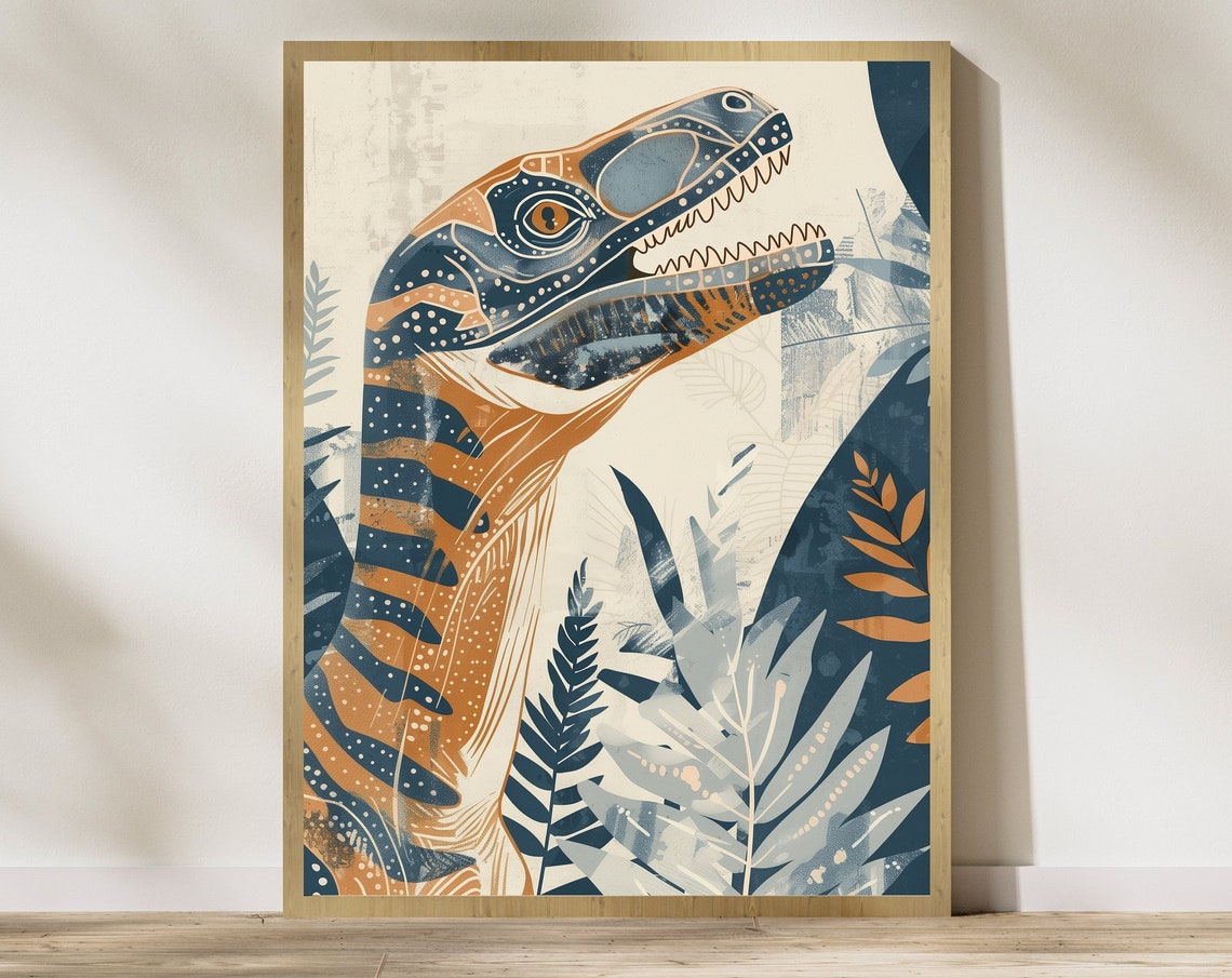 Friendly Orange Stylized Dinosaur Head in Tropical Leaves Poster