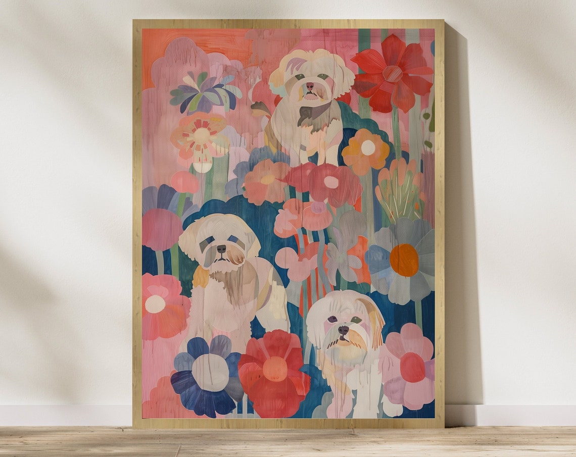 Three White Fluffy Dogs Among Colorful Flowers Cheerful Dog Poster