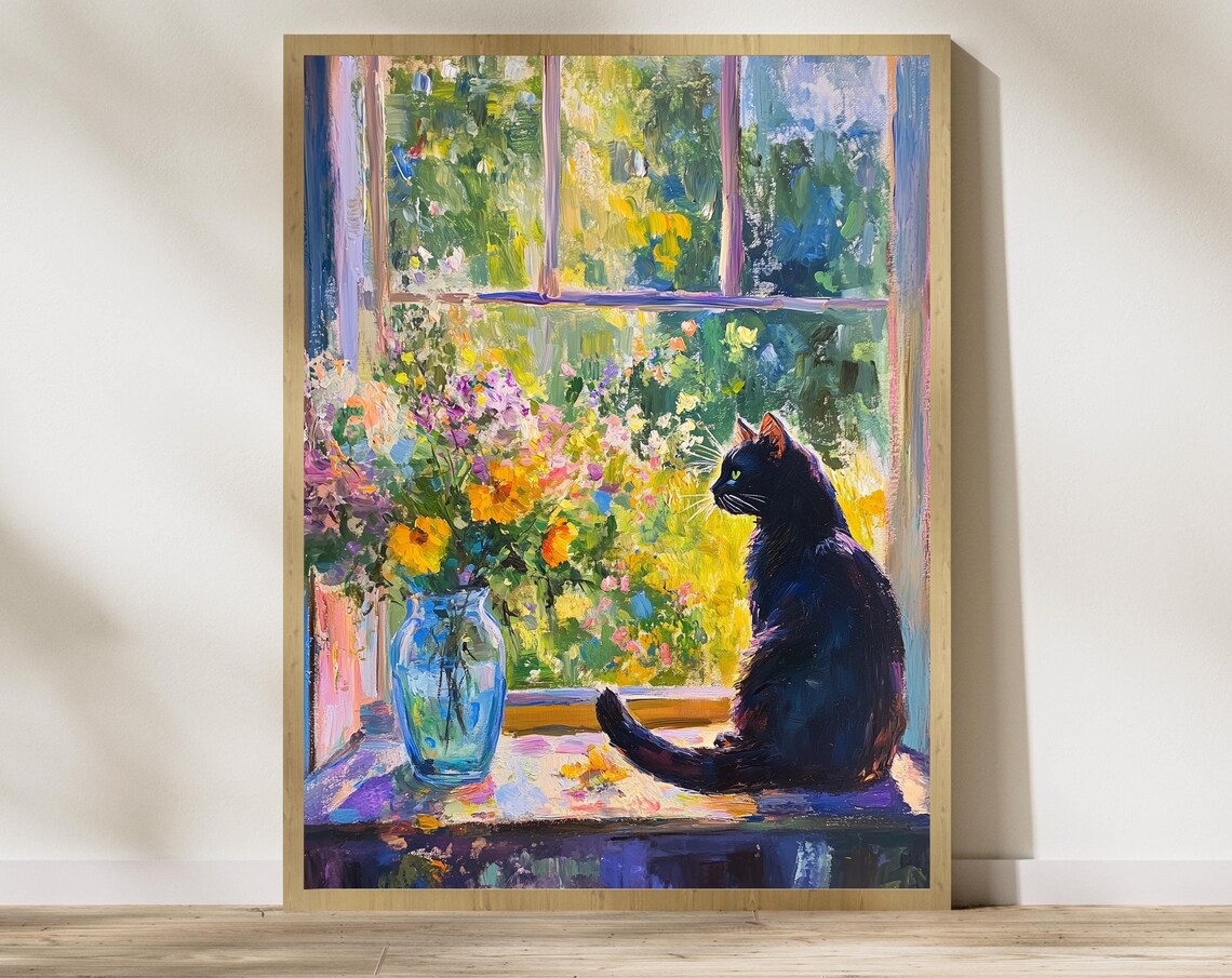 Whimsical Black Cat Art Print, Mom Gift Decor