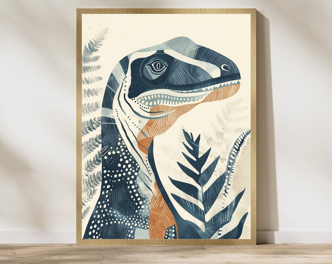 Friendly Blue Stylized Dinosaur Head with Ferns Nursery Poster