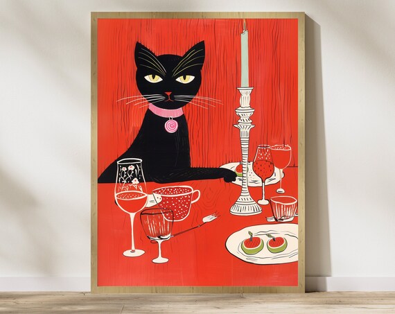 Chic Black Cat at a Candlelit Dinner on Red Background Poster
