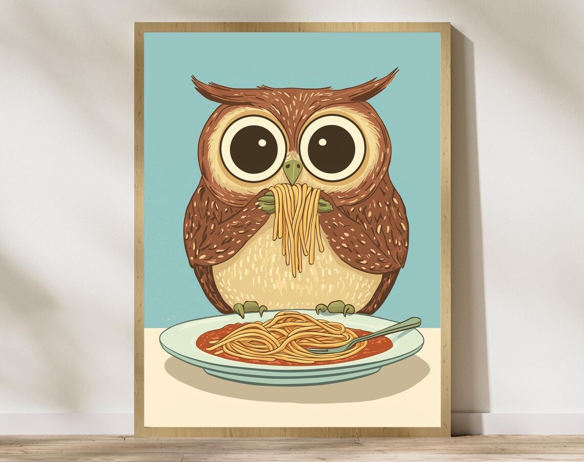 Adorable Wide Eyed Owl Slurping Spaghetti Retro Kitchen Poster