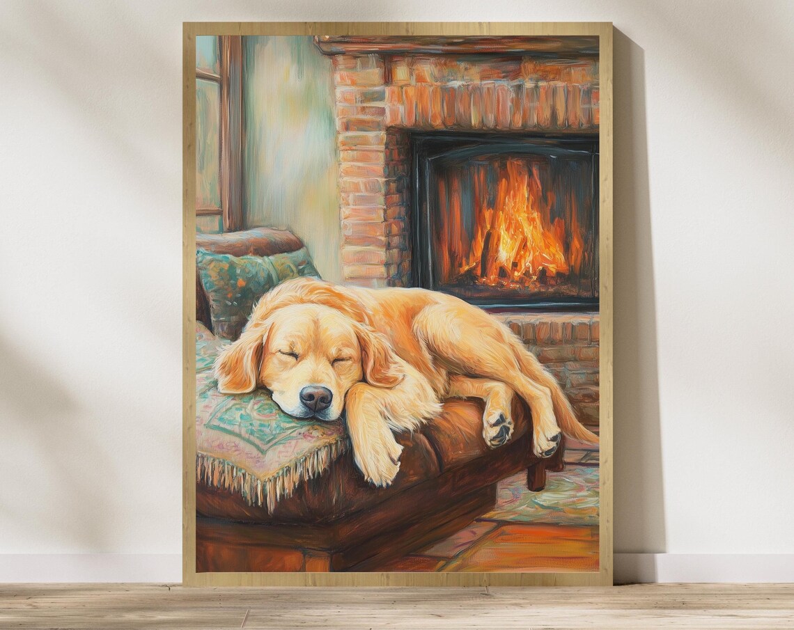 Sleeping Golden Retriever by the Fireplace Cozy Oil Painting Poster