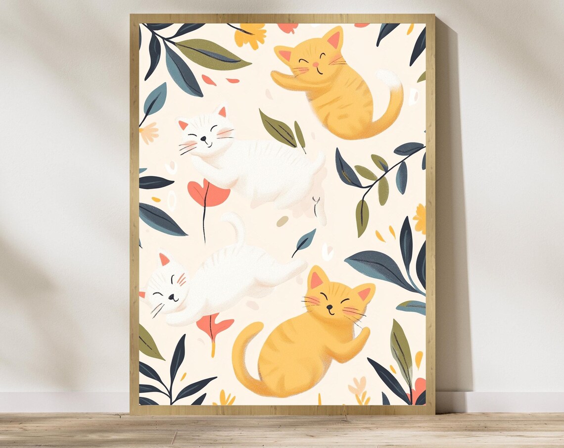 Happy Playful Kittens Frolicking Among Leaves Nursery Poster