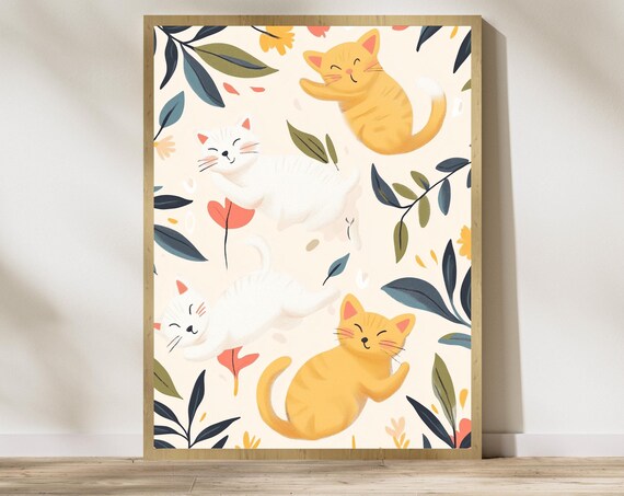 Happy Playful Kittens Frolicking Among Leaves Nursery Poster