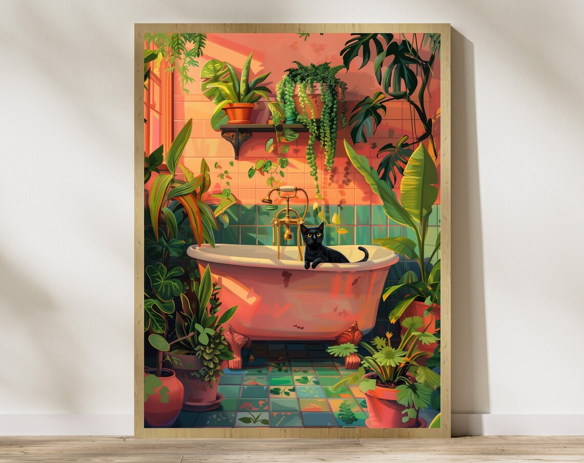Bath Cat Print Funny Orange Painting Poster