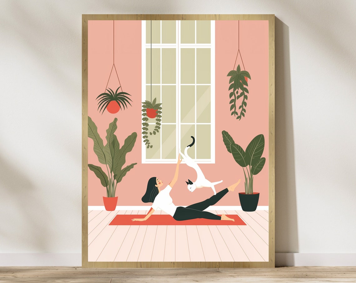 Yoga Cat And Woman Print Cat Yoga Print White Cat Art Yoga Room Decor Yoga Lover Serene Yoga Meditation Art Print International Cat Day