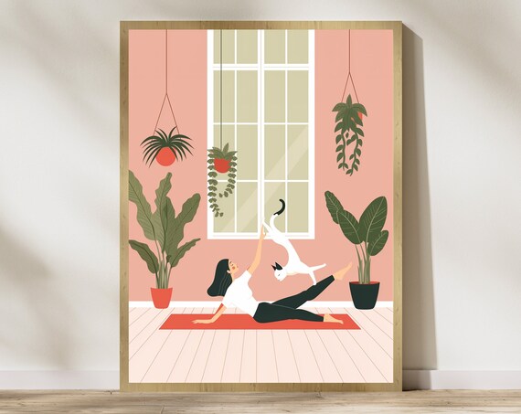 Woman Doing Yoga With White Cat Playful Modern Yoga Room Decor Poster