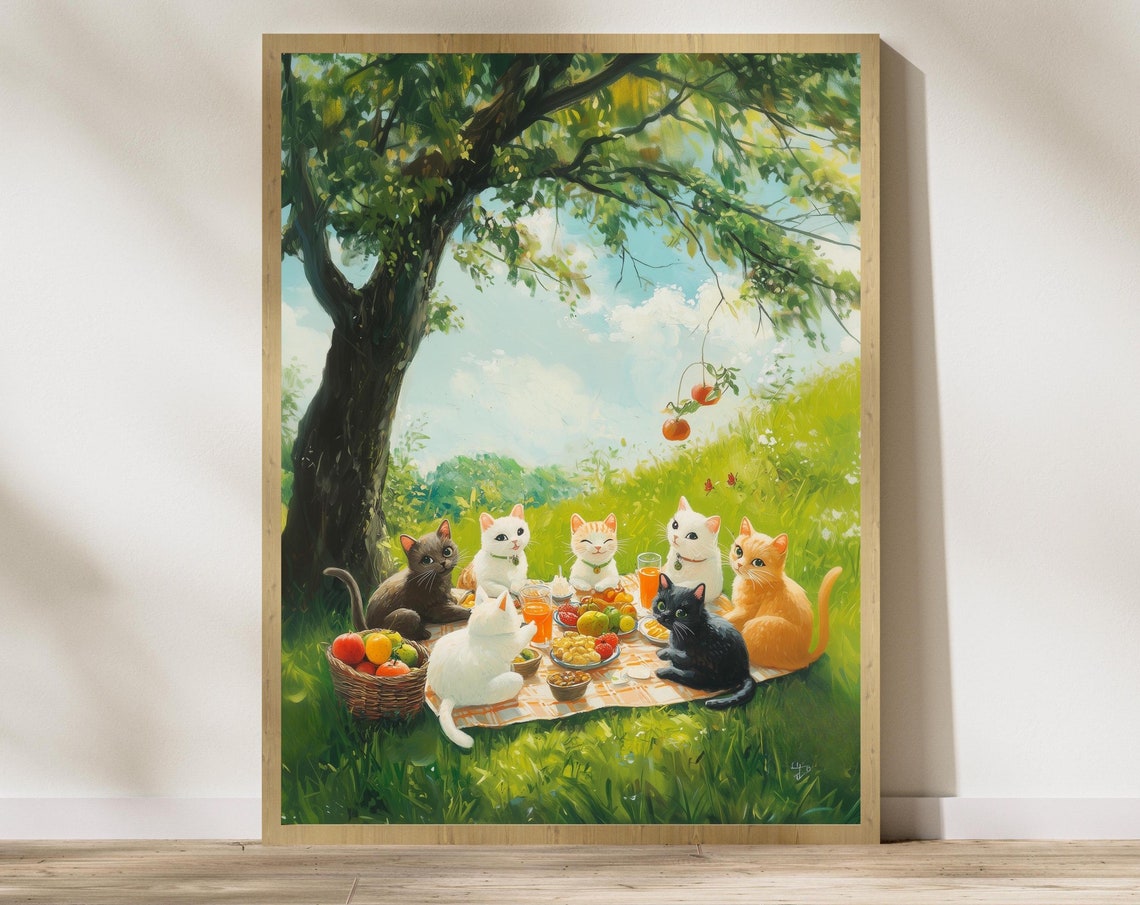 Adorable Cat Friends Enjoying A Sunny Picnic Under Tree Poster