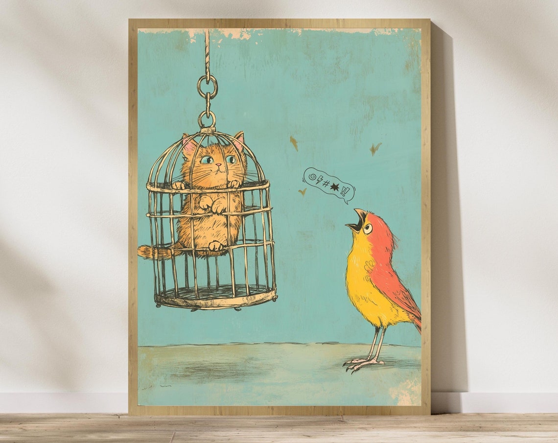 Naughty Orange Cat Trapped In A Birdcage Teasing The Bird Poster