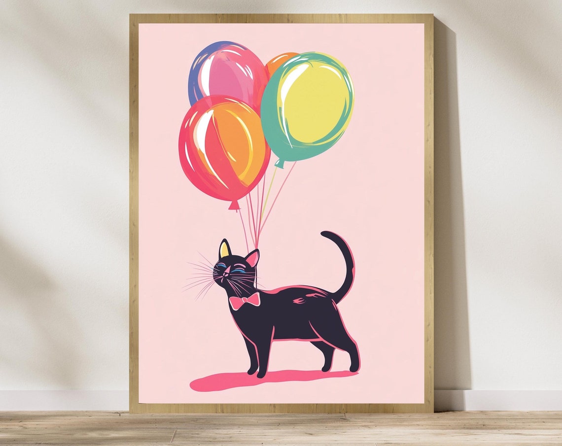 Chic Black Cat In Pink Bow Tie Floating With Balloons Poster