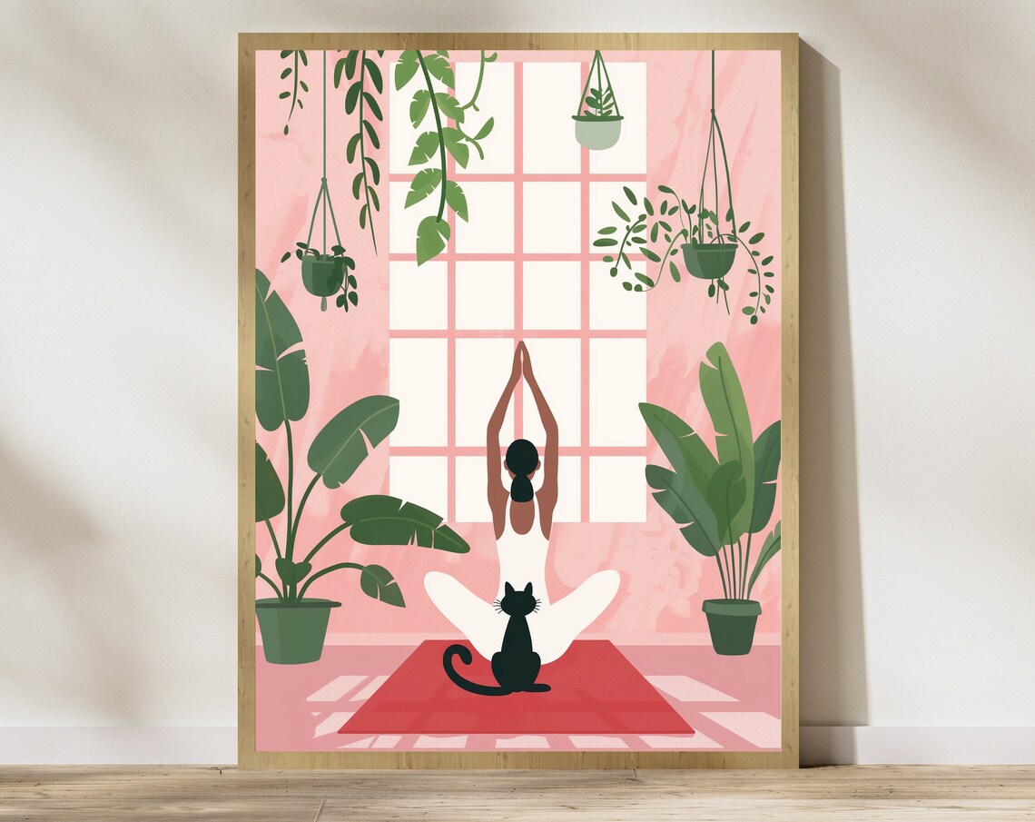 Woman Doing Yoga with Black Cat Among Plants Pink Botanical Poster