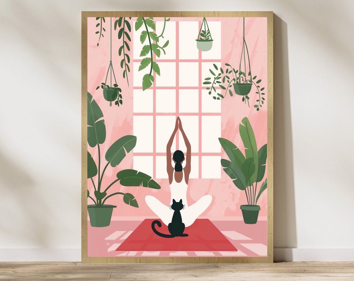 Yoga Cat And Woman Print Cat Yoga Print Black Cat Art Yoga Room Decor Yoga Lover Serene Yoga Meditation Art Print International Cat Day