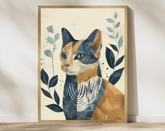 Modern Boho Calico Cat Portrait Among Botanical Leaves Poster