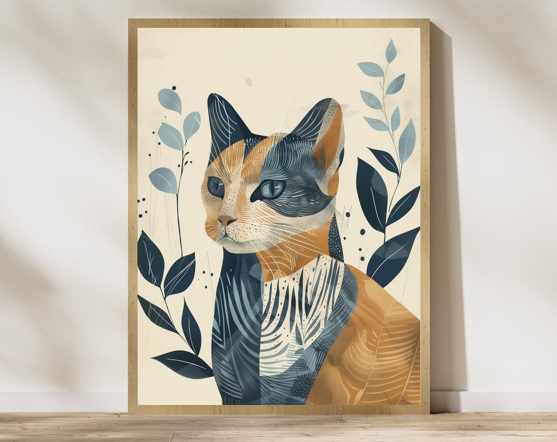 Modern Boho Calico Cat Portrait Among Botanical Leaves Poster