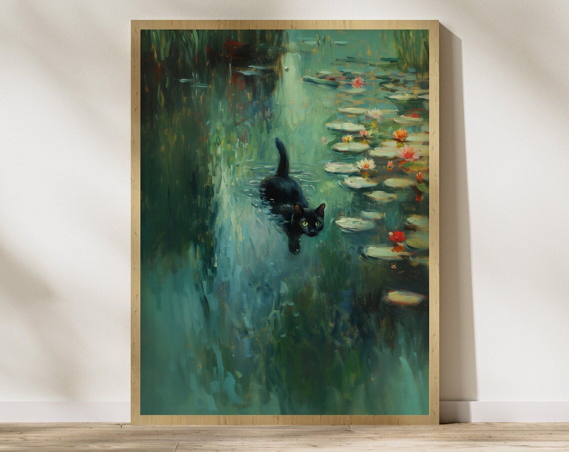 Monet-Inspired Black Cat Poster, Artist-Inspired Art Print