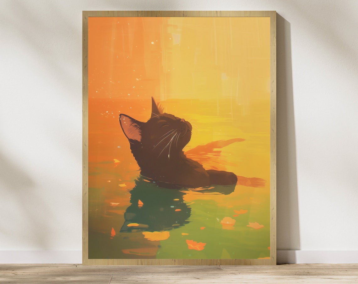 Black Cat Bathing In Golden Water Serene Sunset Abstract Cat Poster
