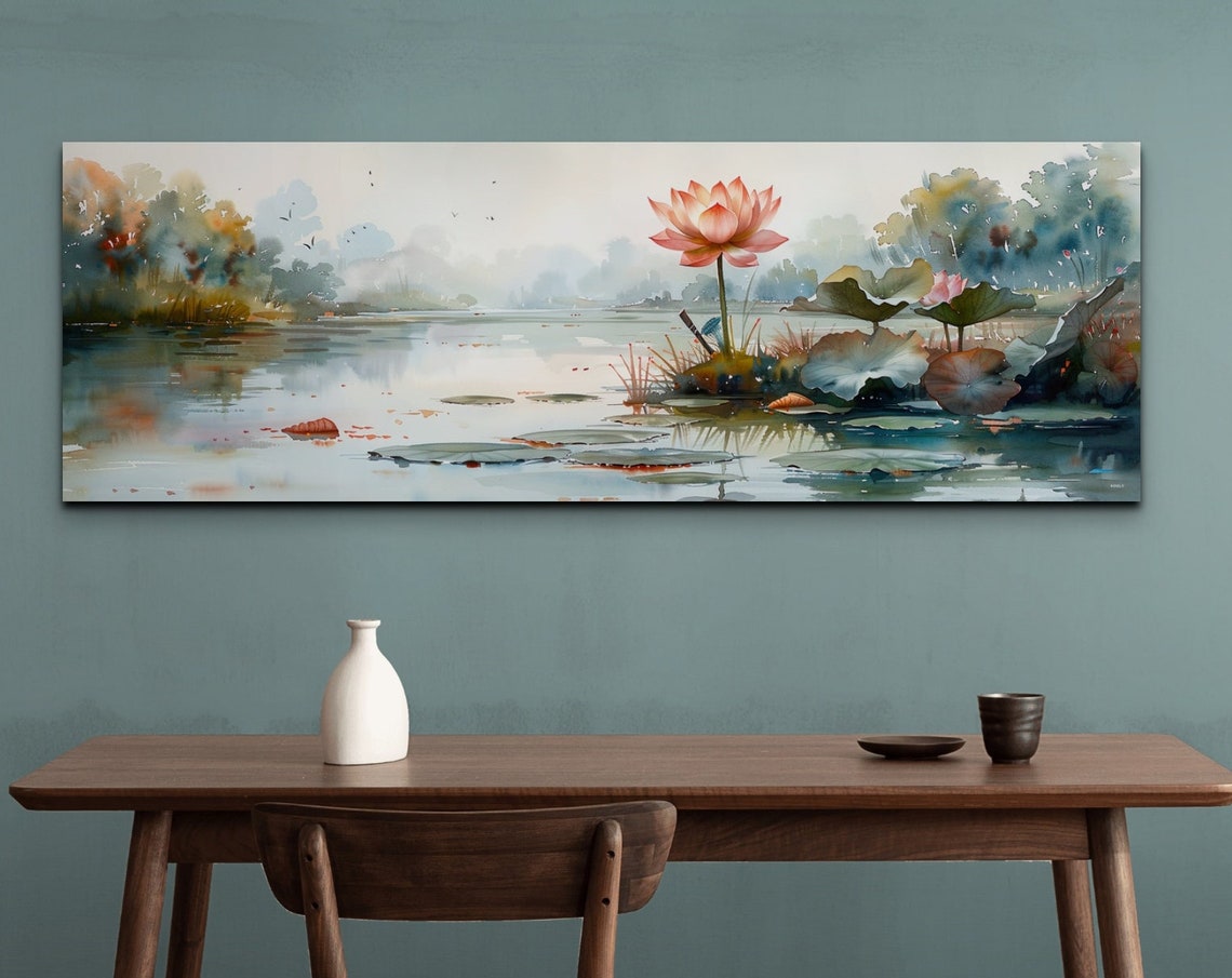Watercolor Lotus Pond Misty Swamp Panoramic Nature Art Poster