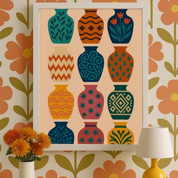 Wall Art Colorful Folk Vase Print Retro Pottery Illustration Midcentury Boho Decor Abstract Ceramic Physical