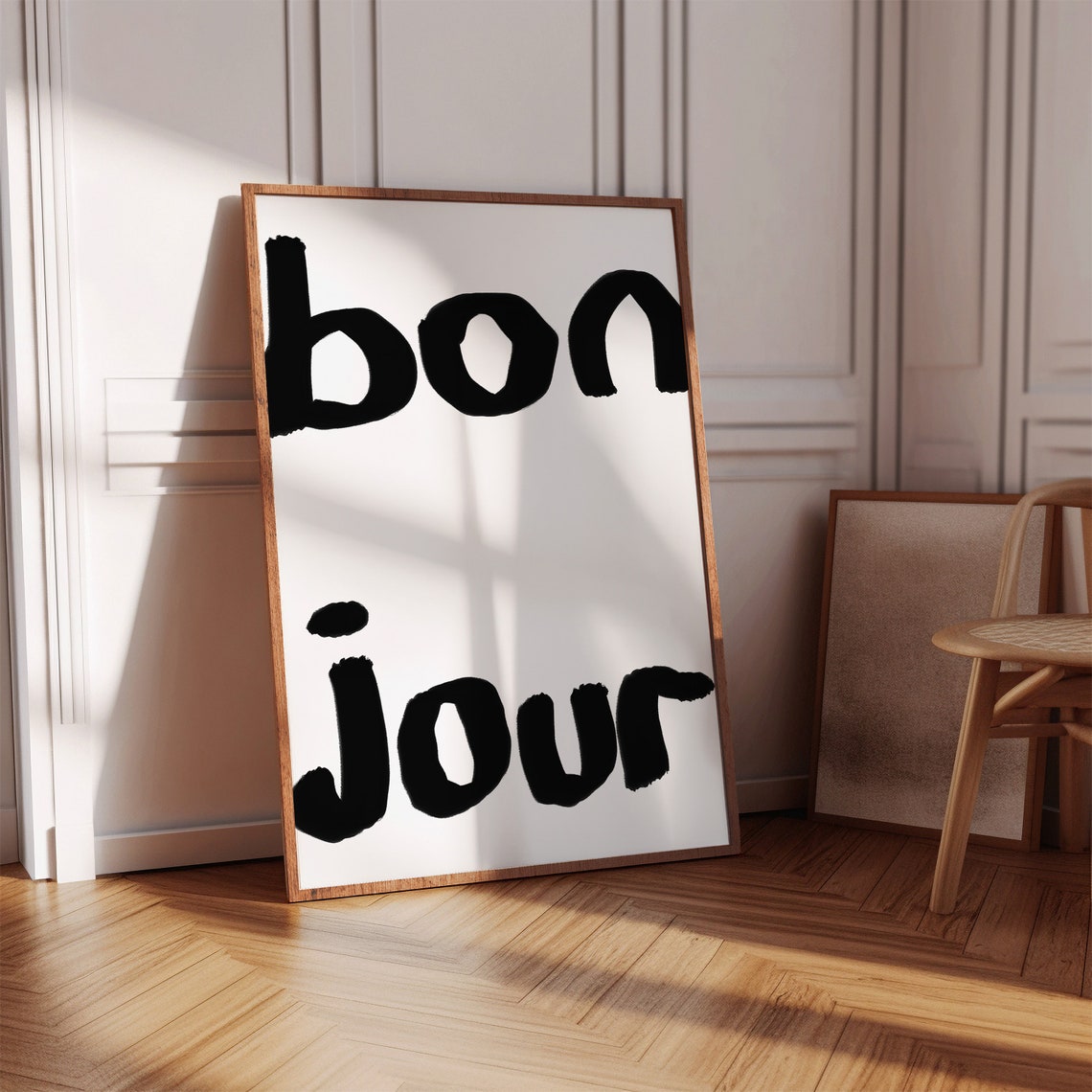 Bonjour Black Handwritten Typography Minimalist French Wall Poster