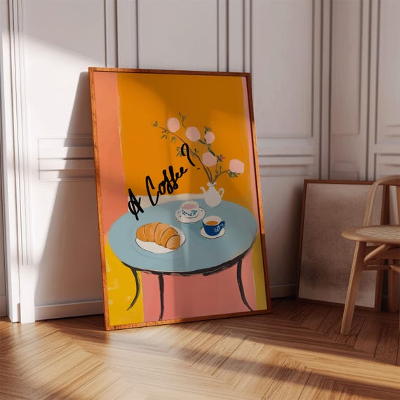 Coffee Typography Kitchen Art Painting Orange Pink Maira Kalman Style Abstract Whimsical Cafe Wall Decor Poster Print