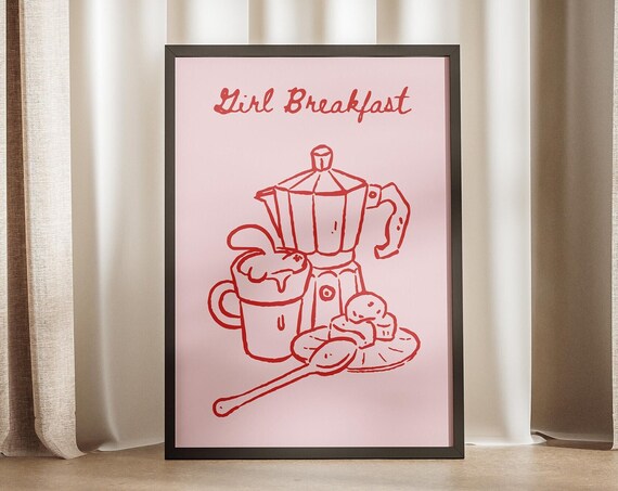 Girl Breakfast Moka Pot Coffee Doodle Cute Kitchen Art Poster