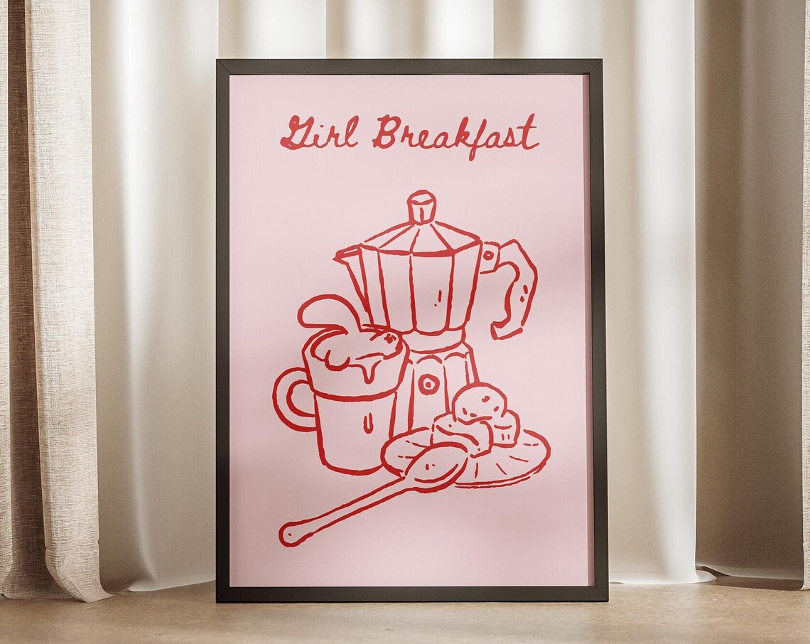 Girl Breakfast Moka Pot Coffee Doodle Cute Kitchen Art Poster