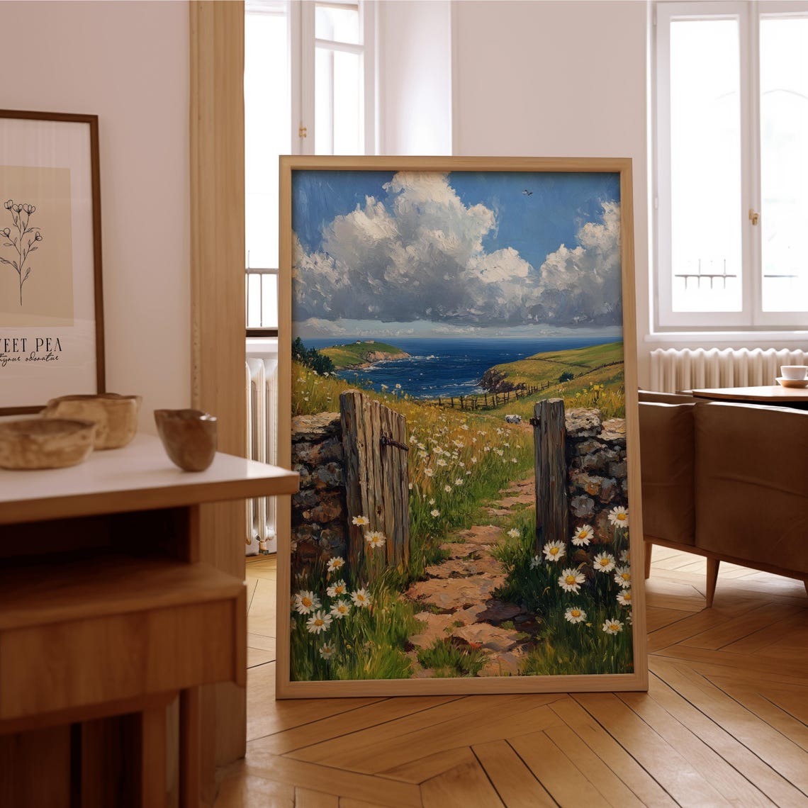 Rustic Wooden Gate Wildflower Path Coastal Sea View Art Poster