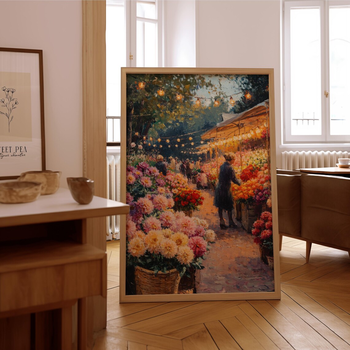 Night Flower Market String Lights Impressionist Oil Painting Poster