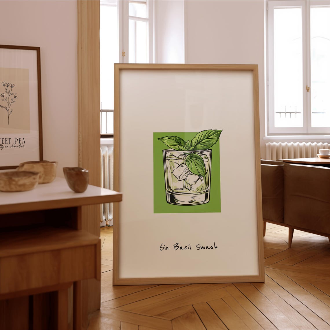 Gin Basil Smash Cocktail Sketch Illustration Green Bar Poster
