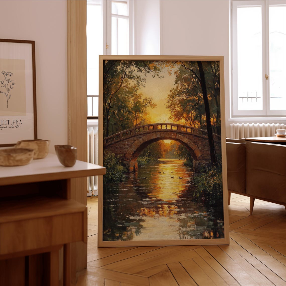 Stone Arch Bridge Over Sunset River Impressionist Landscape Art Poster
