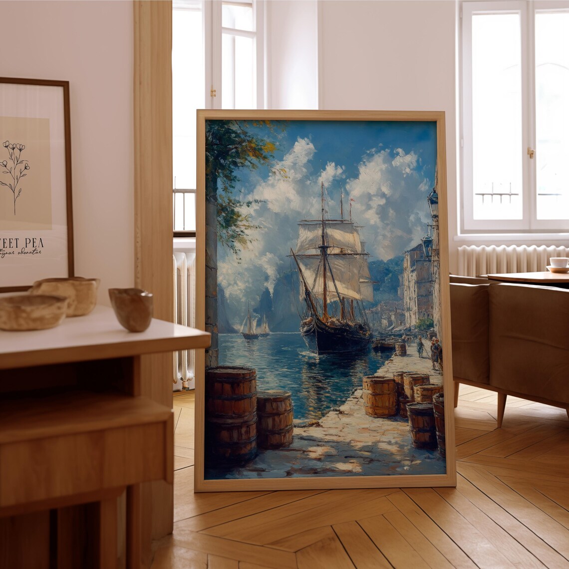 Impressionist Harbor Scene, Vintage Oil Painting Print